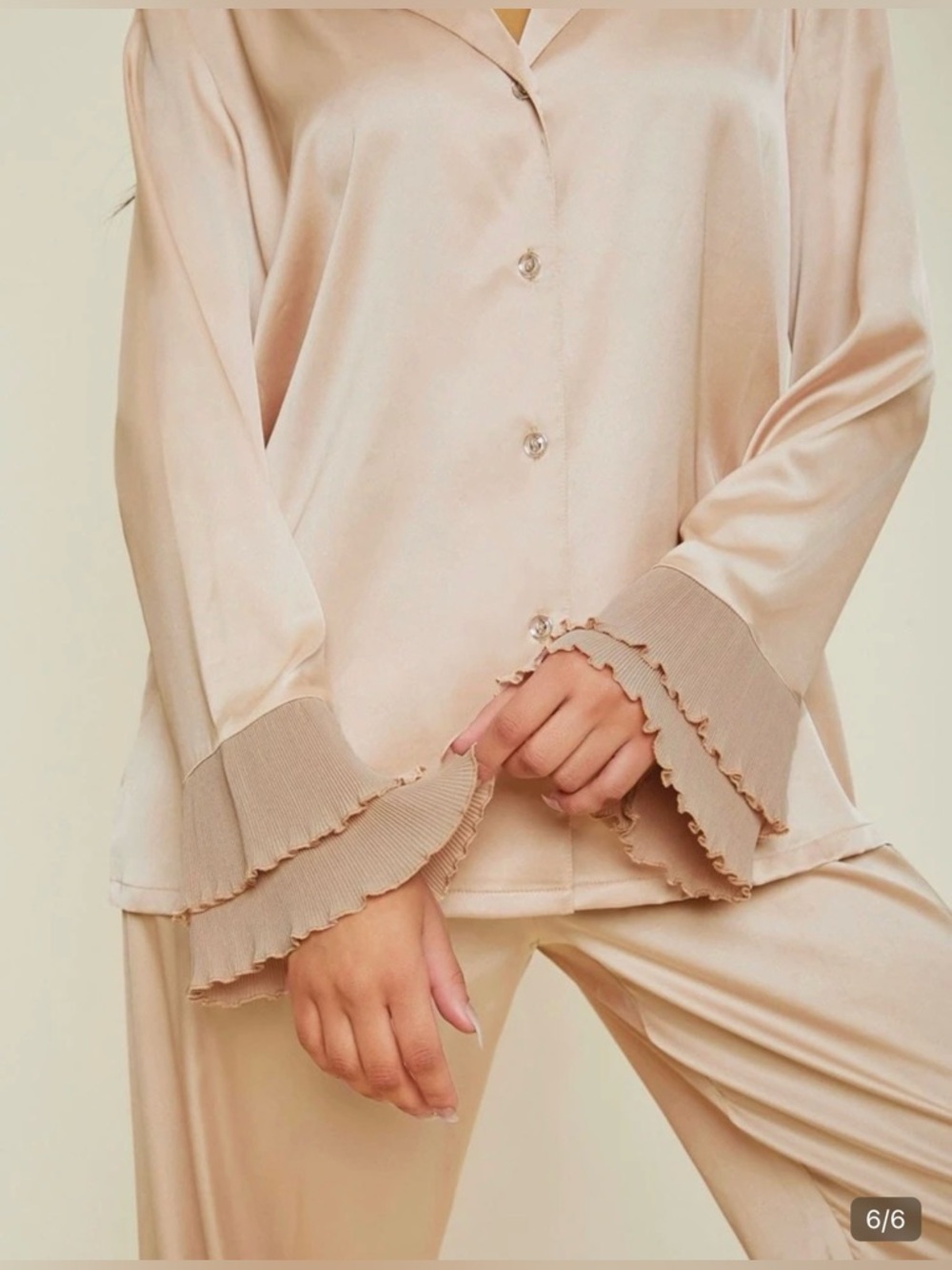 Notch Collar Satin Blouse And Ruffle Hem Pants PJ Set / Champagne, NEW